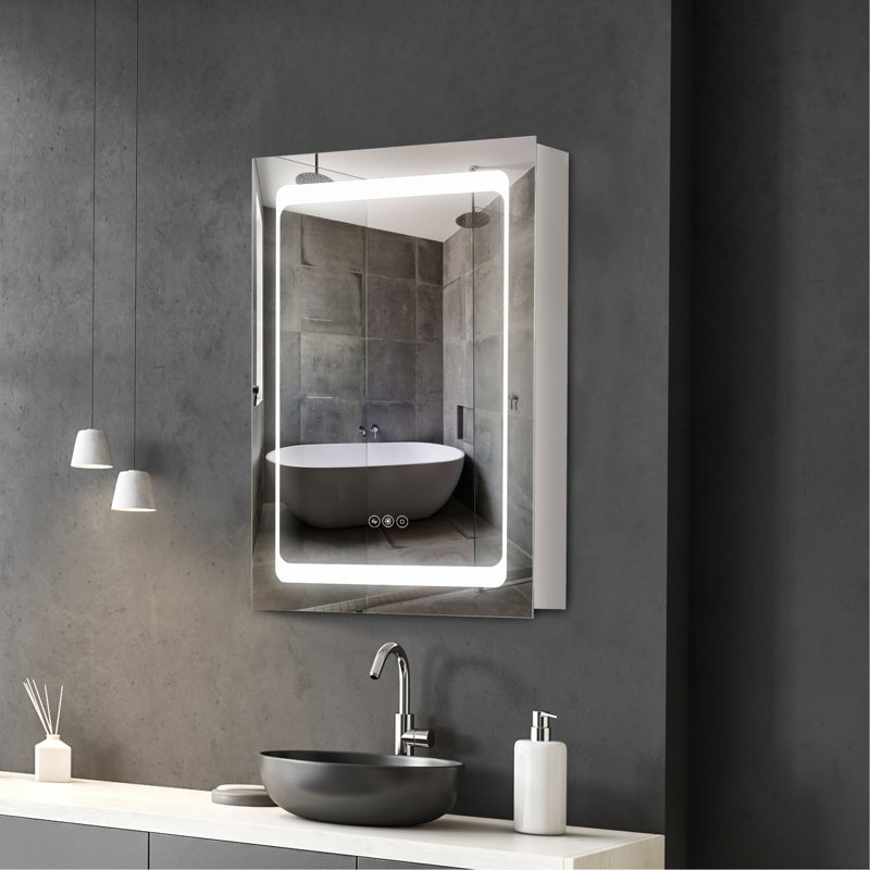Armoire à pharmacie à DEL avec miroir, organisateur de salle de bain mural à brancher avec 3 tablettes de rangement