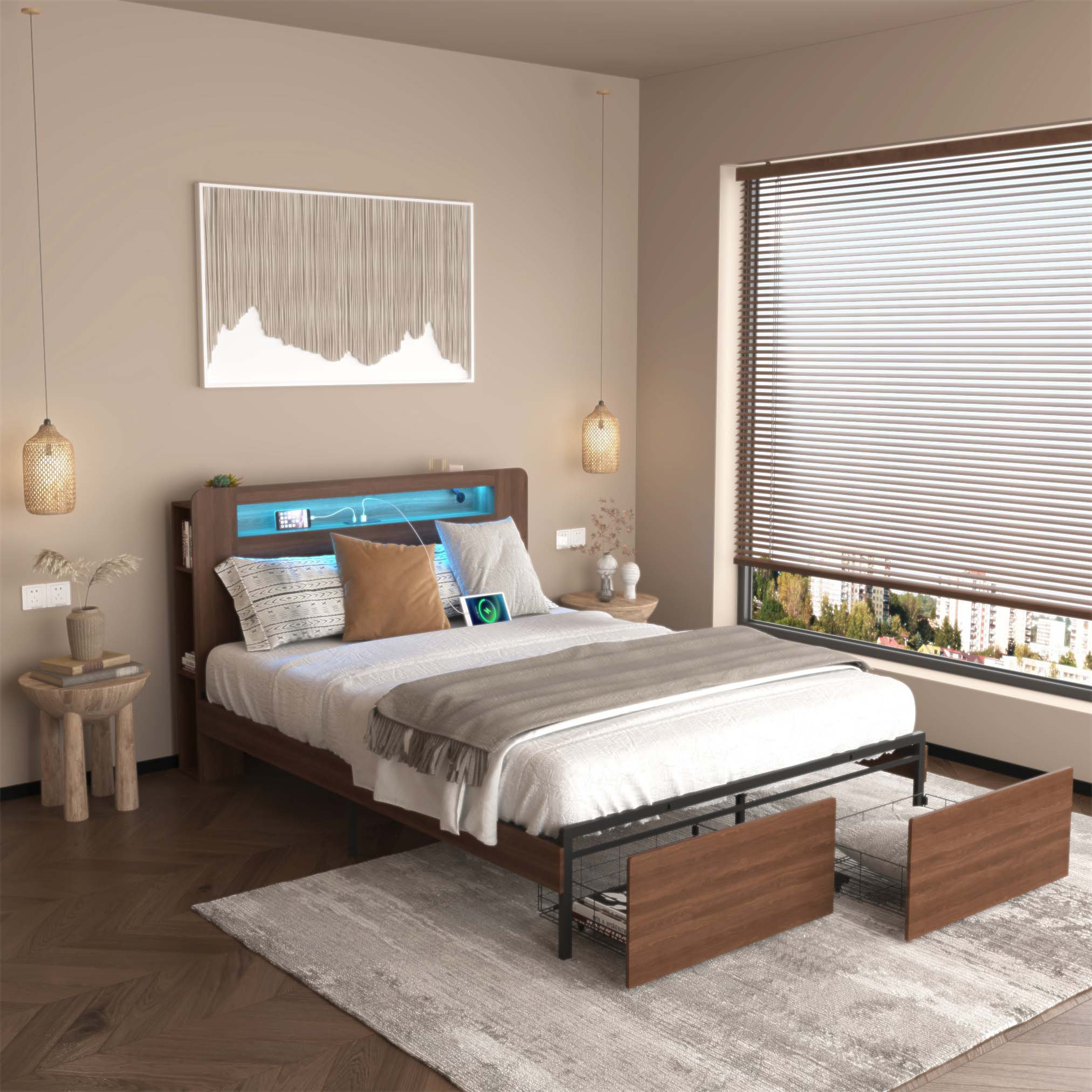 Lark Manor™ Wood Platform Bed Frame With Storage, LED Light Headboard ...