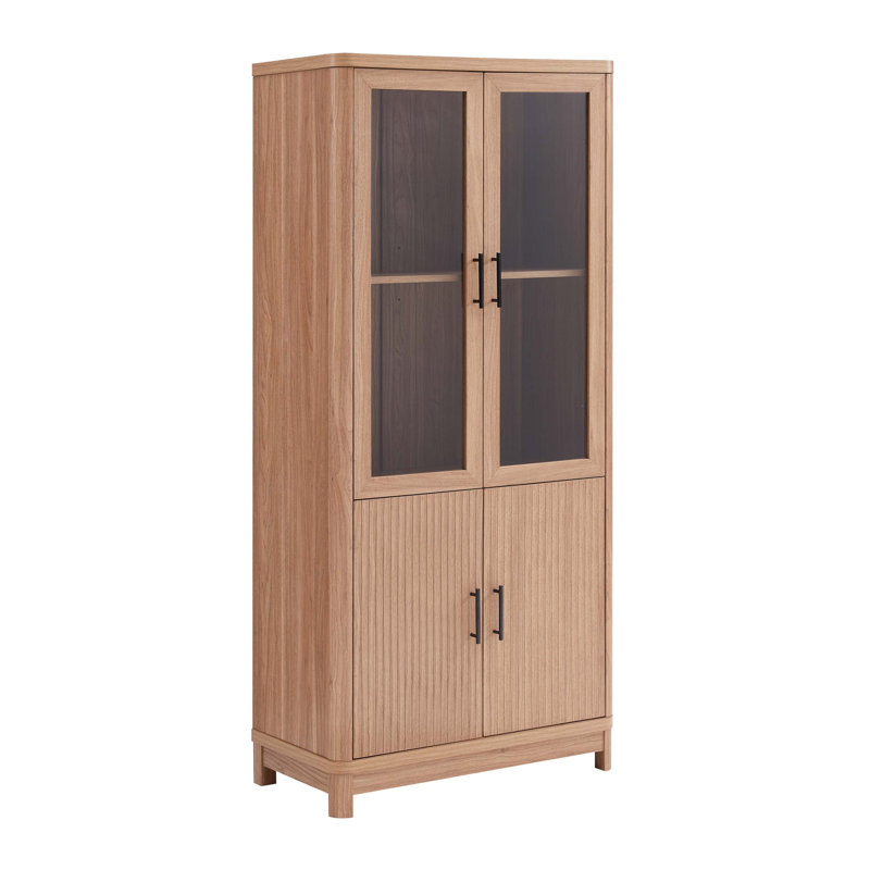 Jodie 67.6" H x 31" W Mid-Century Modern 6-Shelf Bookcase with Tempered Glass Doors in Maple, Maple