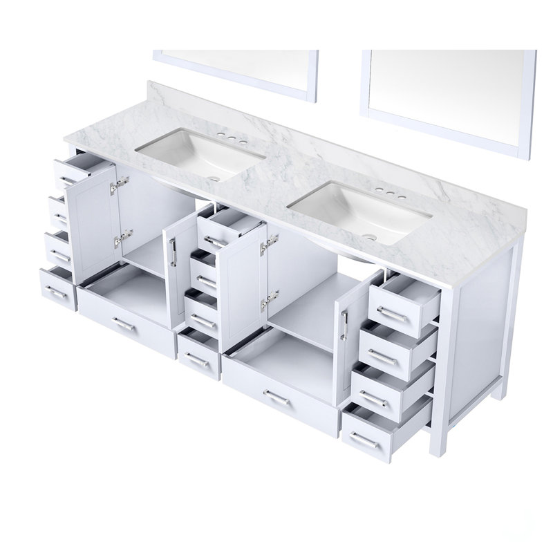 Meuble-lavabo double blanc avec comptoir en marbre et miroirs de 34 po à fermeture douce, grand rangement intérieur 14 tiroirs l 84 po x P 22 po