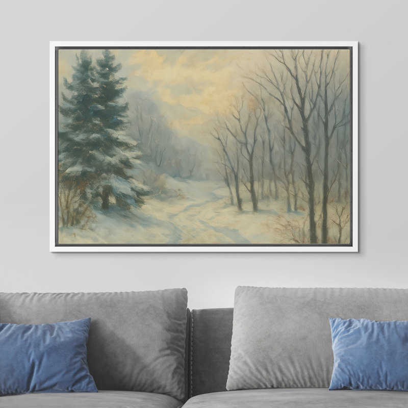 «Misty Winter Woods with Bare Trees and Evergreen», reproduction d'art sur toile encadrée dans la chambre principale, Blanc