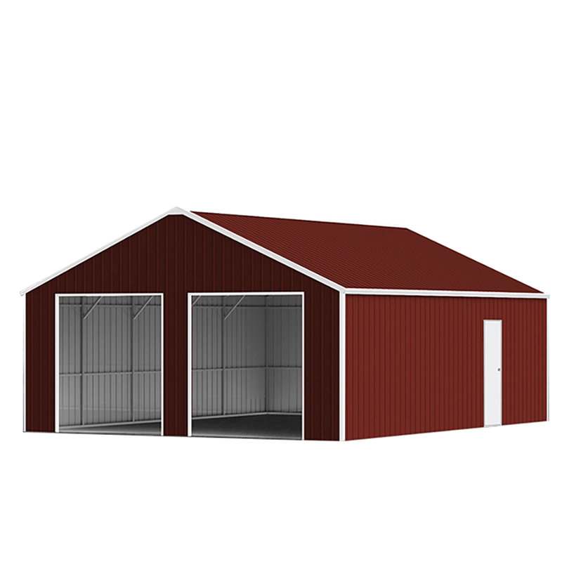 Remise de grange double en acier 22 pi x 23 pi, finition rouge - brun, cadre de calibre 14, 26 panneaux de métal, entrée latérale