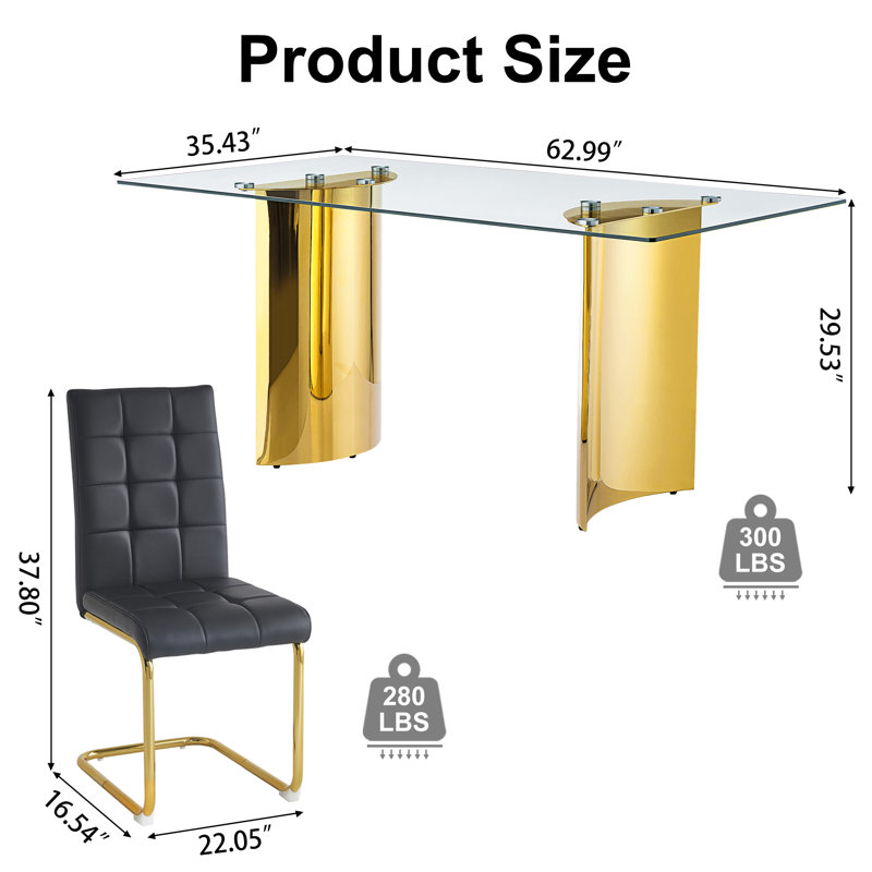 Modern Glass Dining Table Set, 63" Tempered Glass Top With PU Leather Upholstered Cantilever Chairs And Backrest Pull Ring