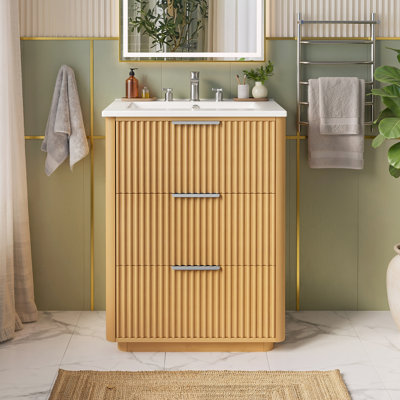 Meuble-lavabo de luxe moderne 24 po avec lavabo en céramique, armoire de salle de bain avec tablette ouverte et rangement fermé