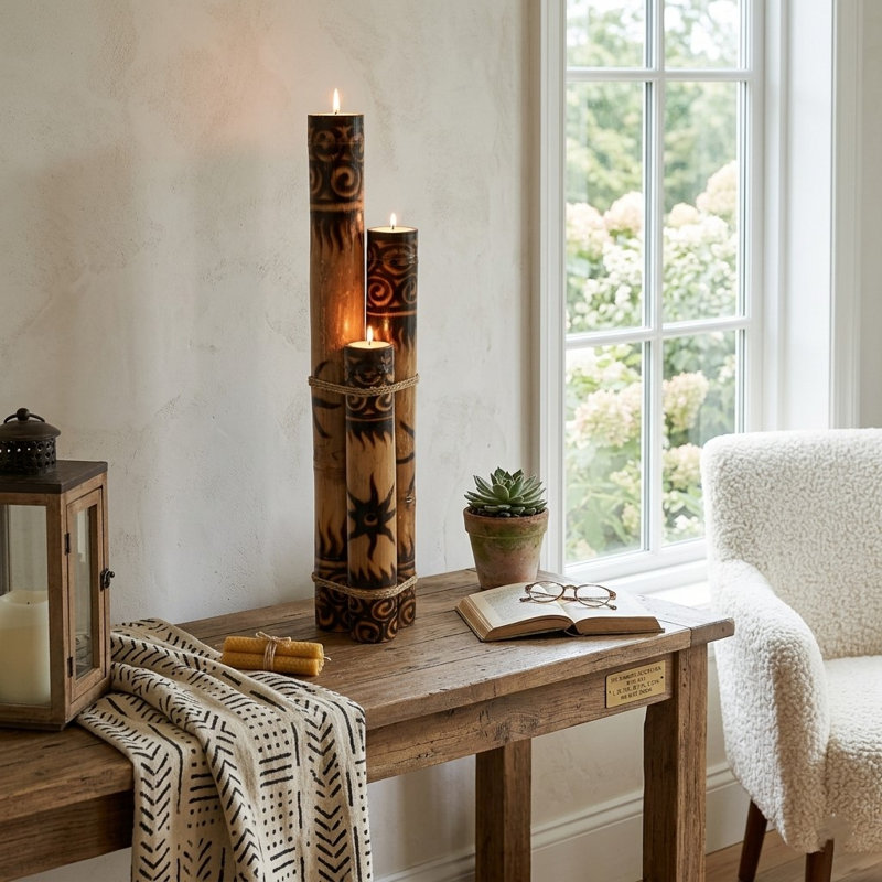 Ensemble de porte-votives en bois 3 pièces avec bougie inclus, H 38 po x l 4 po x P 4 po, Brun / Noir