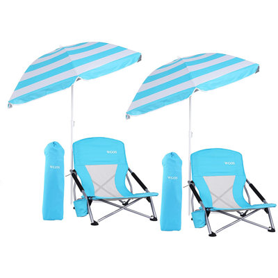 Folding Beach Chairs with Umbrella, Low Beach & Camping Chair for Adults (2 Pack, Blue) by MUKE