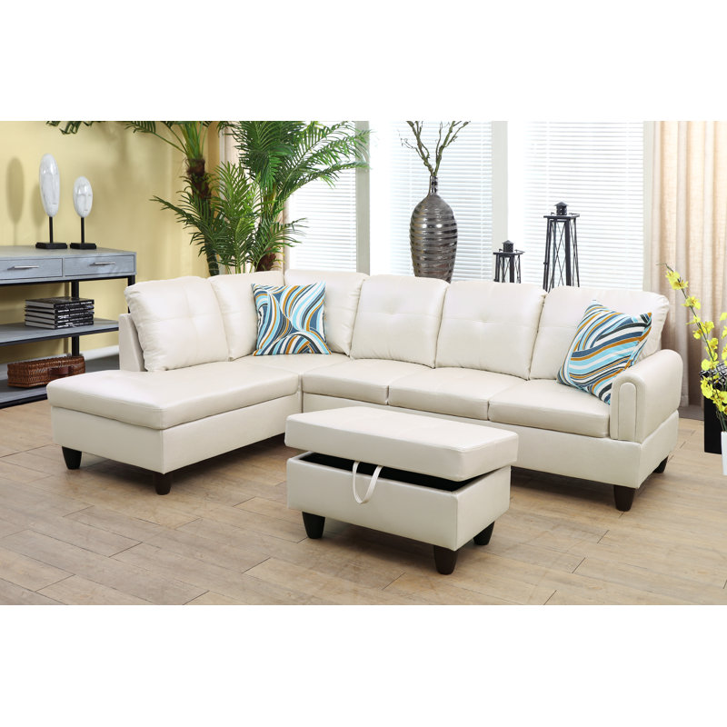 Henryleo Faux Leather L-Shaped Sectional, Left Hand Facing, Off White Faux Leather