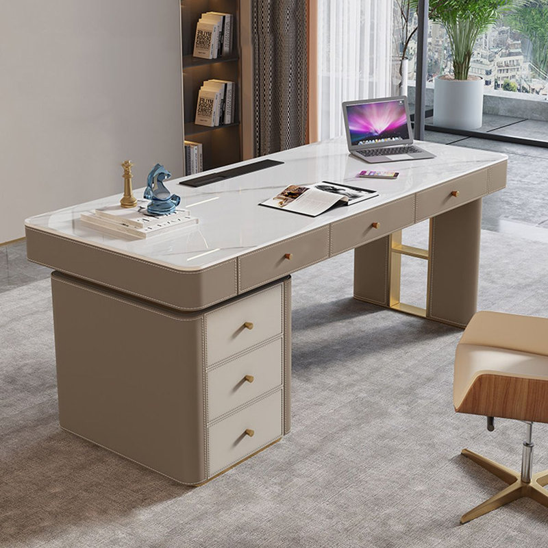 Bureau blanc / kaki + fritté rectangulaire doré + bois manufacturé + acier inoxydable avec bureau à 6 tiroirs