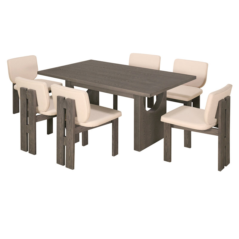 Ensemble de salle à manger 7 pièces, 1 table rectangulaire avec base à tréteaux et 6 chaises rembourrées pour la salle à manger et la cuisine