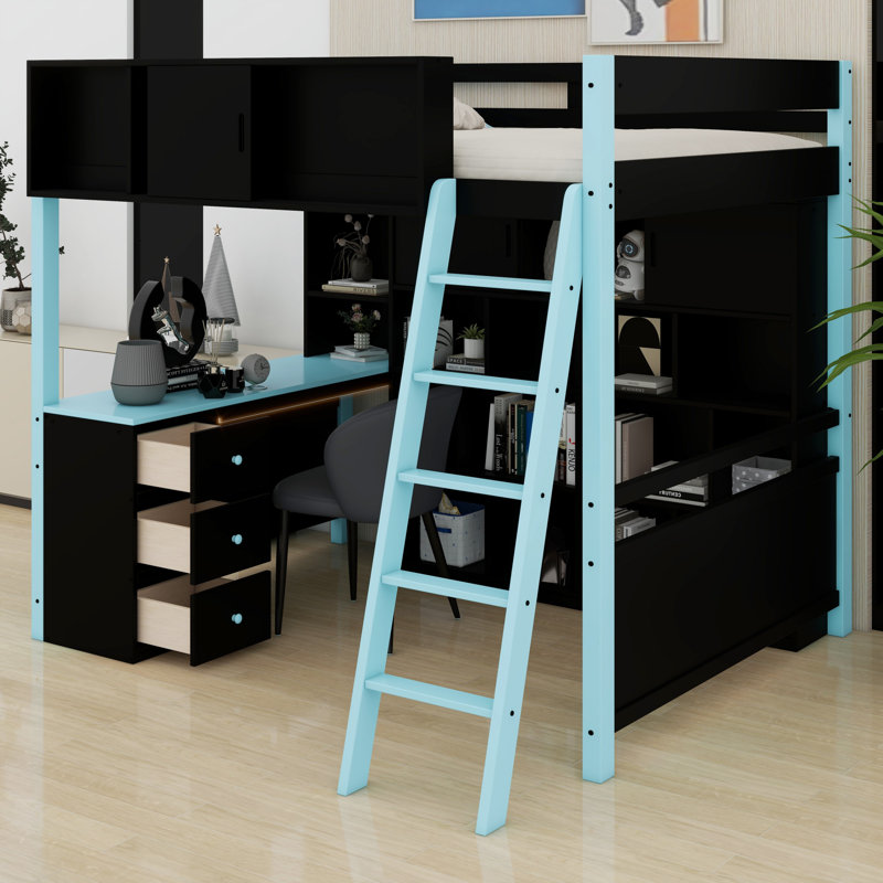 Wood Loft Bed With Desk, Ample Storage Space And Light, Blue