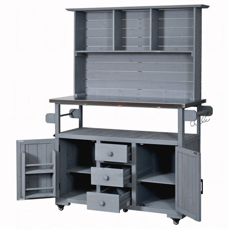 65''H Large Garden Storage Potting Bench with Lockable Wheels, Wood Outdoor Kitchen Island with Stainless Steel top, Drawers, Door Shelves and Hutch for Grilling, Gray