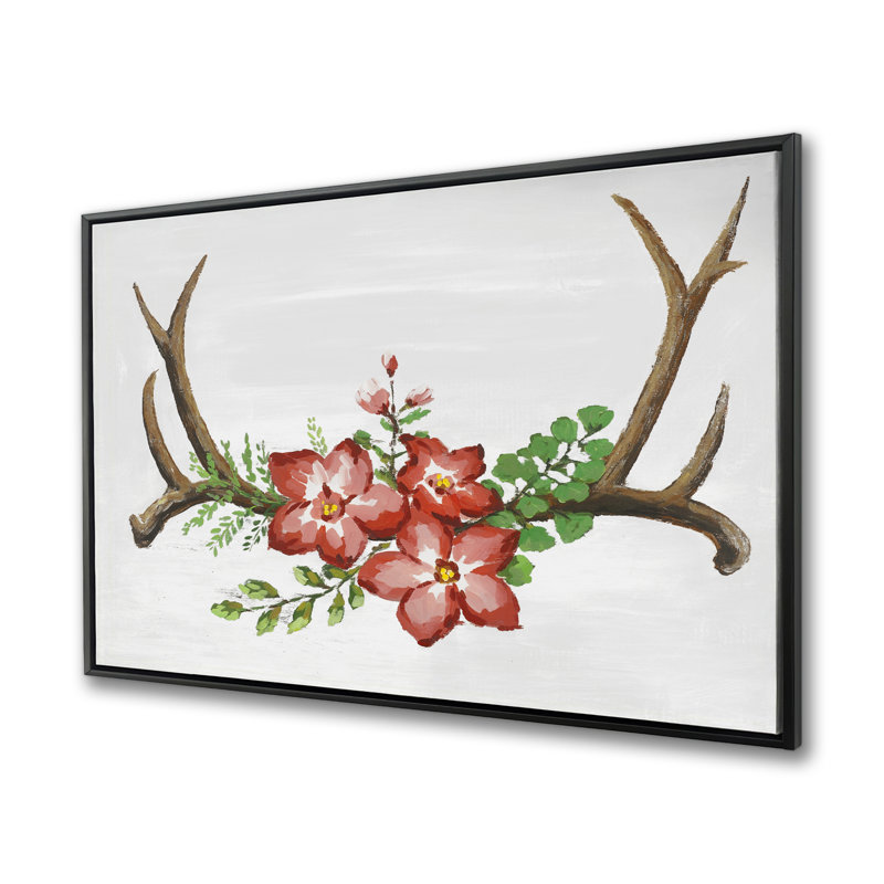 Deer Horns and Pink Flowers - Rustic Brown Framed Canvas