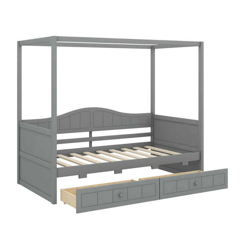 Lit à baldaquin simple avec deux tiroirs, structure de lit plateforme en bois, Gris