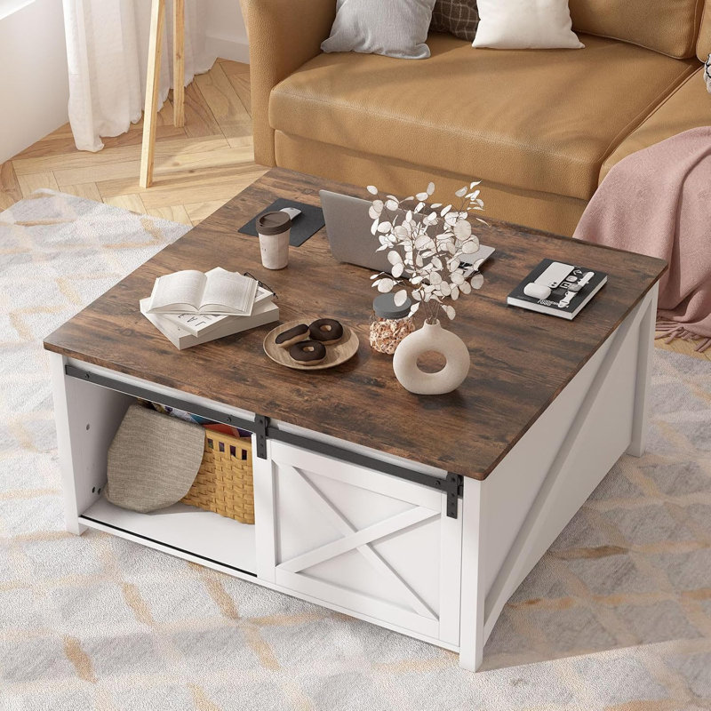 Lift Top Coffee Table with Storage, 31.5" Farmhouse Coffee Table for Living Room, Square Coffee Tables with Large Hidden Storage and Sliding Barn Doors, White