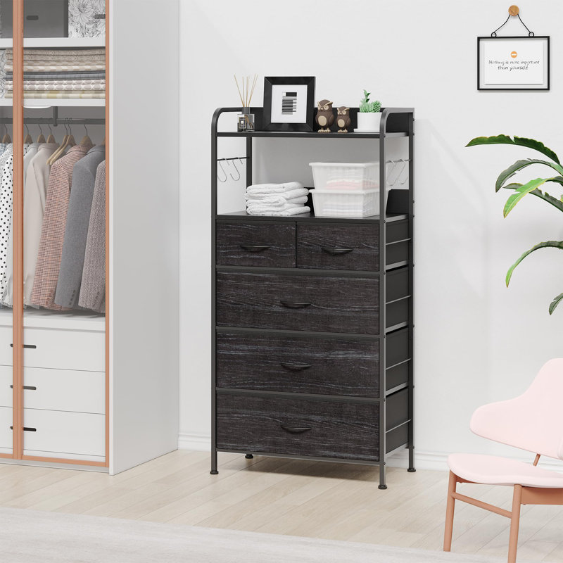 5-Drawer Space-Saving Entryway Cabinet with Handles & Side Hooks | Sturdy Metal Frame, 2 Storage Shelves, Tiger Stripe Finish for Bedroom, Hallway & Living Room