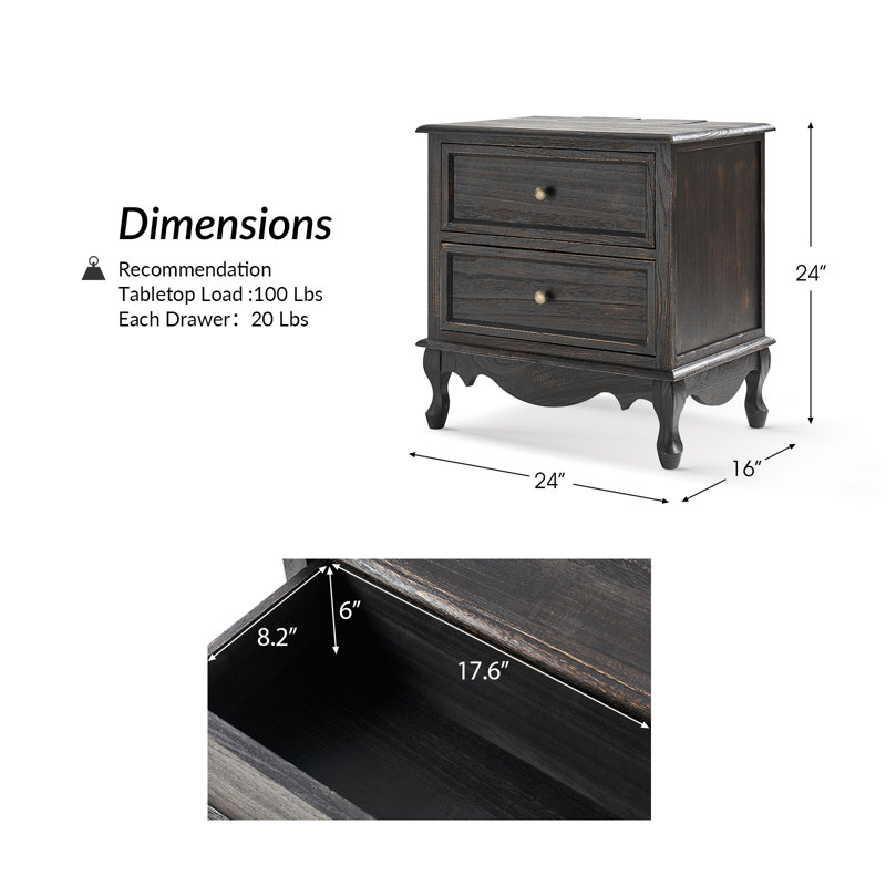 Table de bout à 2 tiroirs avec pieds en bois et station de charge Lundgren, Gris anthracite