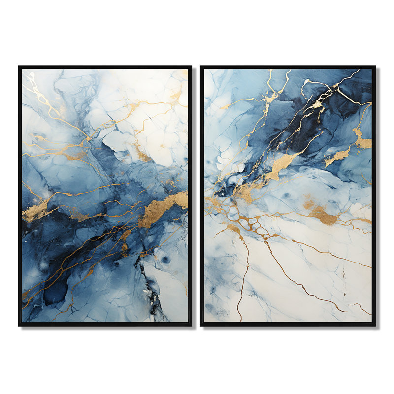 Marbre blanc et bleu orage surdimensionné, H 36 po x l 48 po, Impression encadrée flottante, Noir