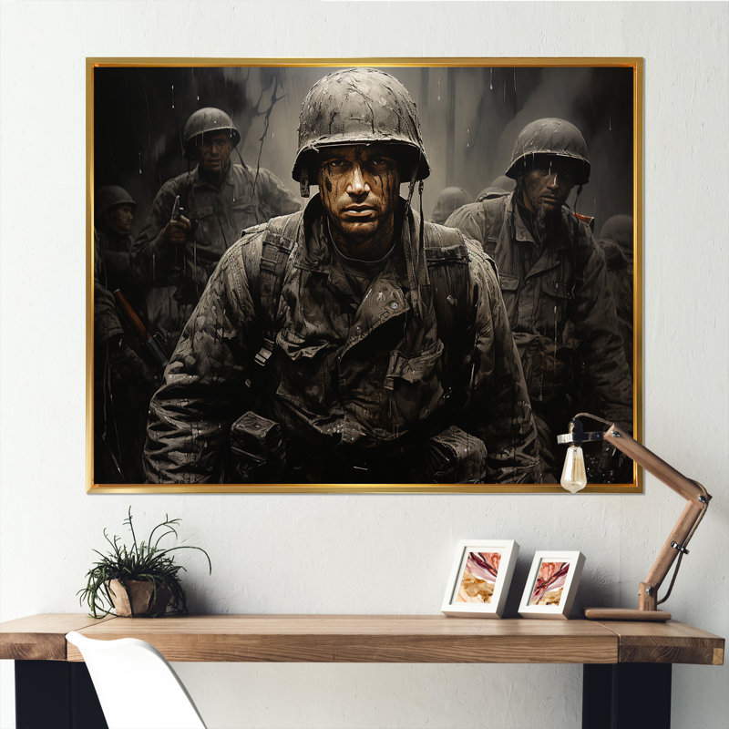 Militaires, engrenages de conflit, H 24 po x l 32 po x P 1 po, Cadre flottant doré