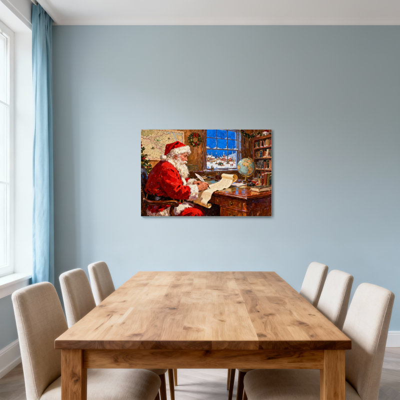 Noël, père Noël, lecture de lettre au bureau, H 24 po x l 36 po
