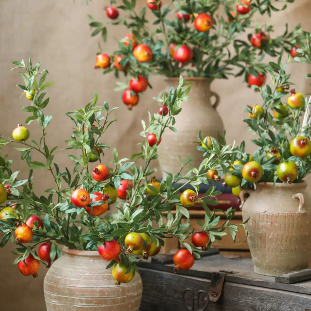 Big Fruit Faux Pomegranate Stem 32" Tall, Green