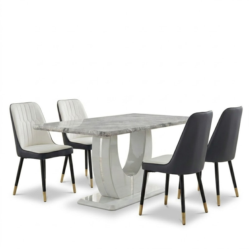 5 Piece Modern Rectangular 71" Faux Marble Dining Set with Cantilever Chairs, White/Dark Gray, Gray