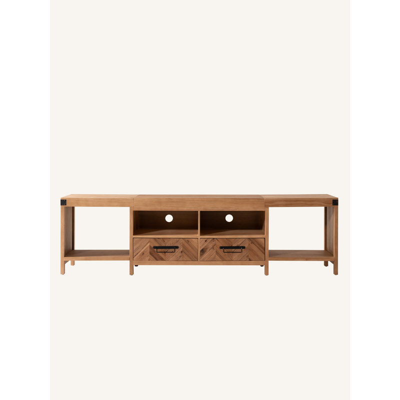 Meuble télé 74,4 po en bois massif brun naturel, tiroirs en patchwork à chevrons, 2 casiers ouverts et tablettes latérales, gestion des câbles