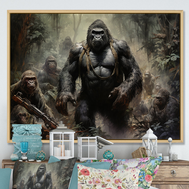 «Gorilla Soldier Jungle Journey», reproduction sur toile, Cadre naturel flottant, H 12 po x l 20 po x P 1 po