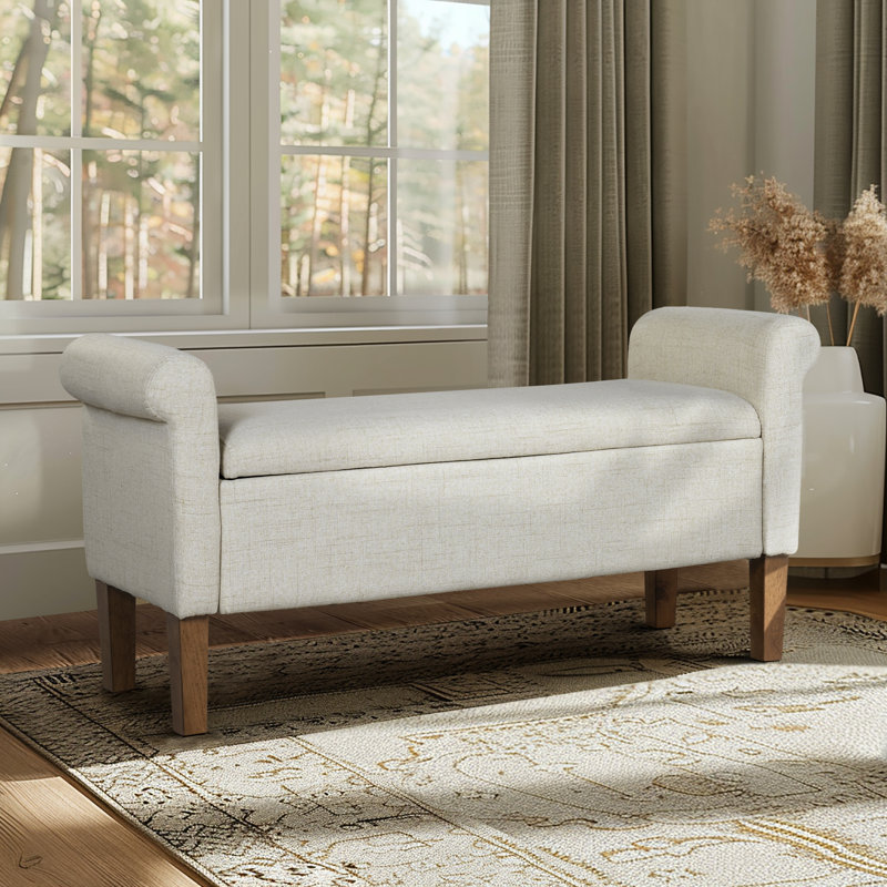 Natural Upholstered Storage Bench with Rolled Armrests