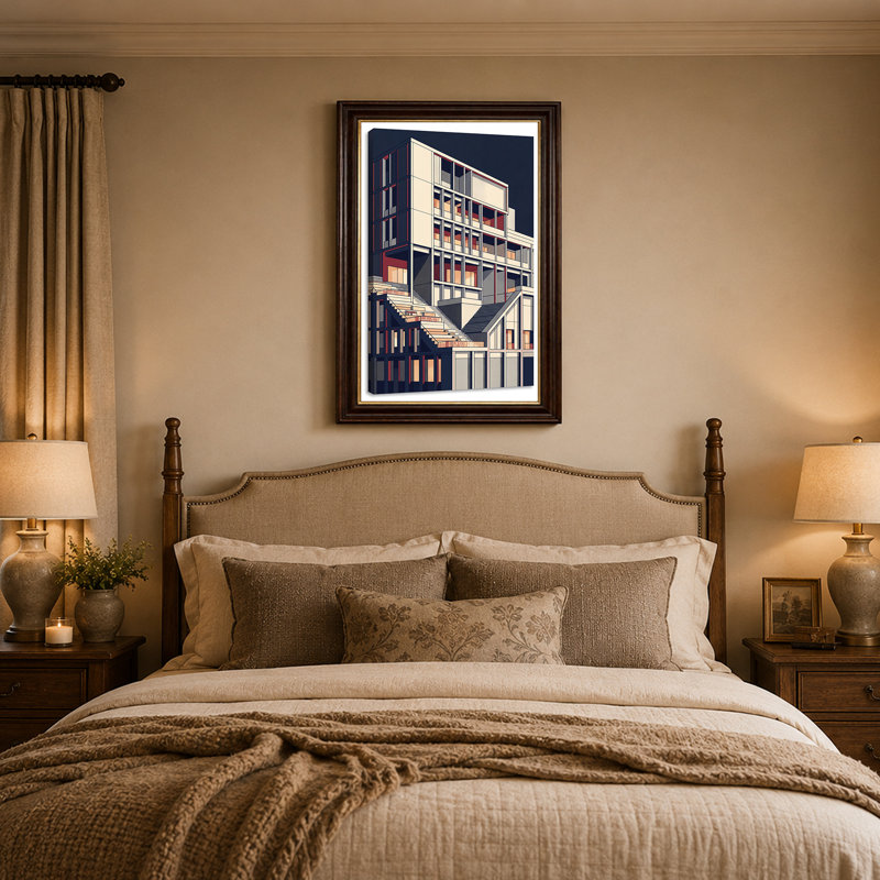 Abstrait bâtiment géométrique sur toile bleu marine, 24"H x 16"W