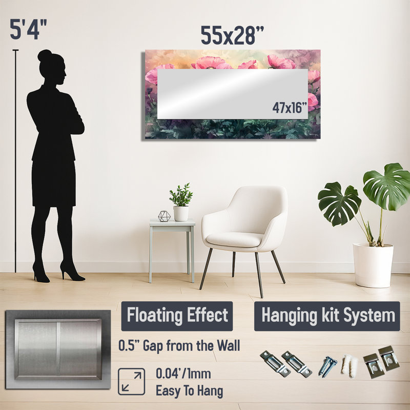 Spring Pink Poppies Scarlet Horizon II - Floral Mirror Wall Decor - Printed On Metal, 28" x 55"