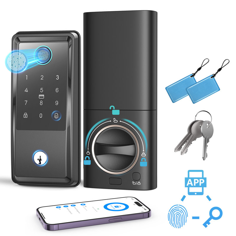 G6 Smart Keyless Entry Door Lock with Handle - APP & 2.4G Wi-Fi Control, Built-in Doorbell, Fingerprint & Keypad, Black