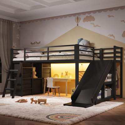 Lit mezzanine en métal pour une personne avec glissade, échelle, tiroirs de rangement, garde-robe et bande DEL, noir