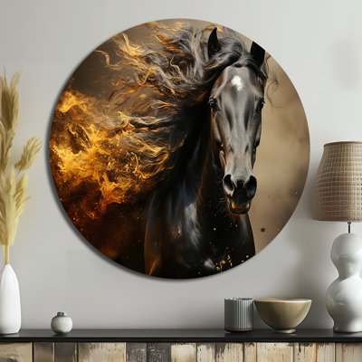 Cheval noir noir, vibrant, cheval doré I - animaux, art en métal rond