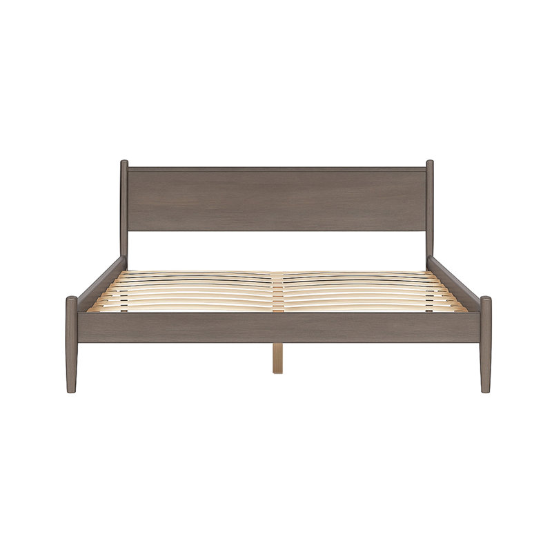 Lit plateforme en bois gris moyen moderne Mid-Century, conception simple et élégante, pieds fuselés ronds, ensemble de lattes, sommier sans bois massif et bois requis