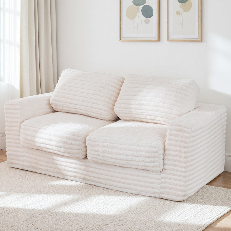 Bean Bag Sofa Upholstered 2-seater Floor Sofa With Pillows, White Faux Leather