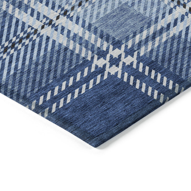 3' X 5' Navy Blue Black And Ivory Plaid Washable Indoor Outdoor Area Rug