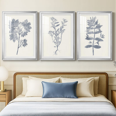 Navy Botanicals I  -Custom Framed  Premium Print W Matt - 3 Pieces