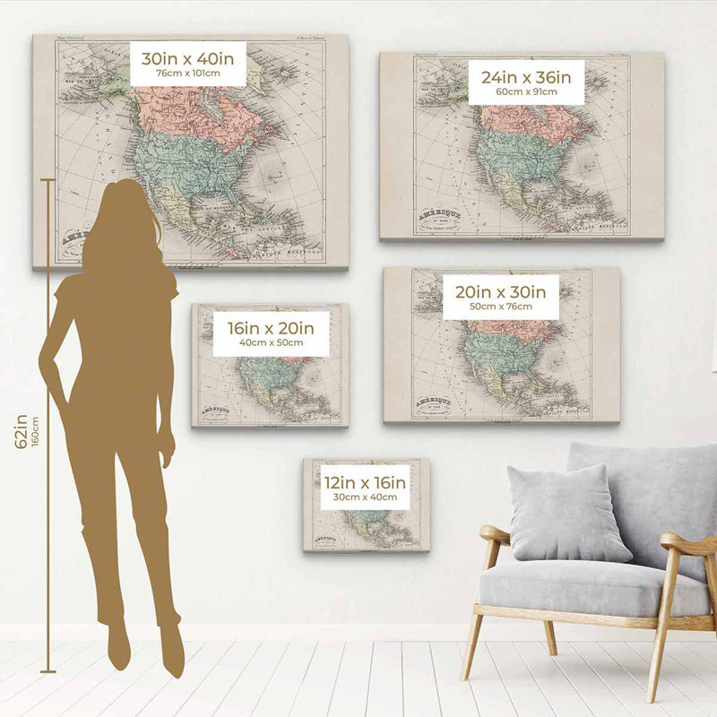 «Yerres Pink North America Map», art mural sur toile 8218, H 16 po x l 20 po, Cadre flottant blanc