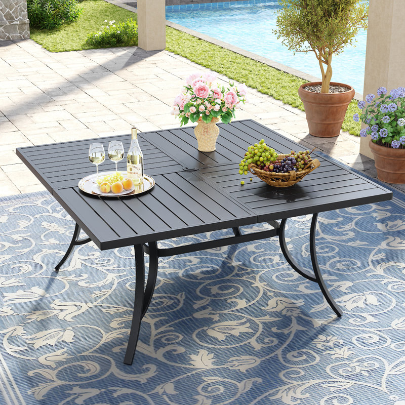 59.1" Square Patio Dining Table With Umbrella Hole, Black Top/Black Base