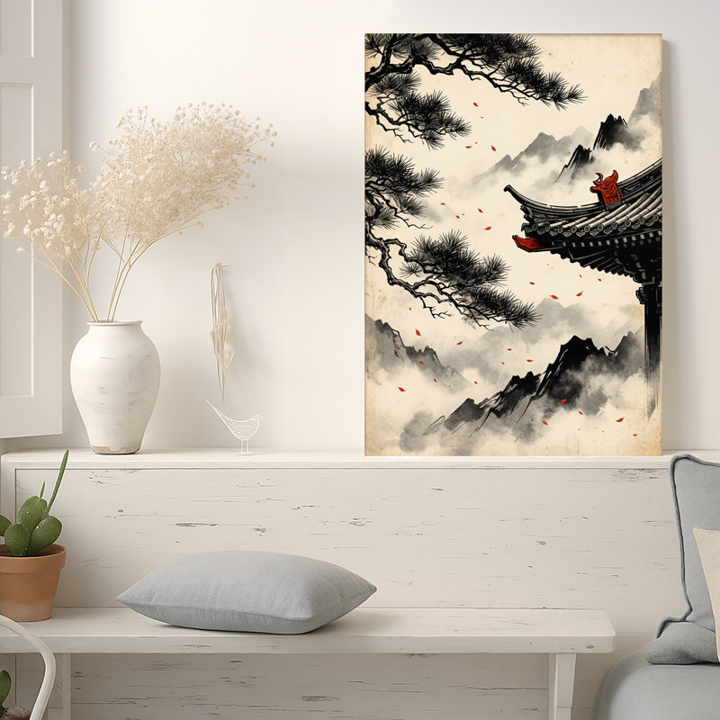 Impression sur toile à l'encre, pin et montagnes brumeuses avec toit rouge, H 36 po x l 24 po