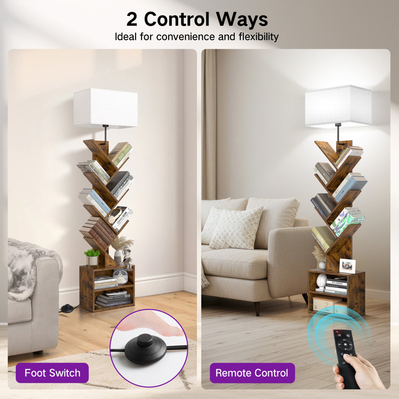 Bookcases With Led Light And Remote Control, 7-tier 2 Drawer Column Floor Lamp, Brown Wood