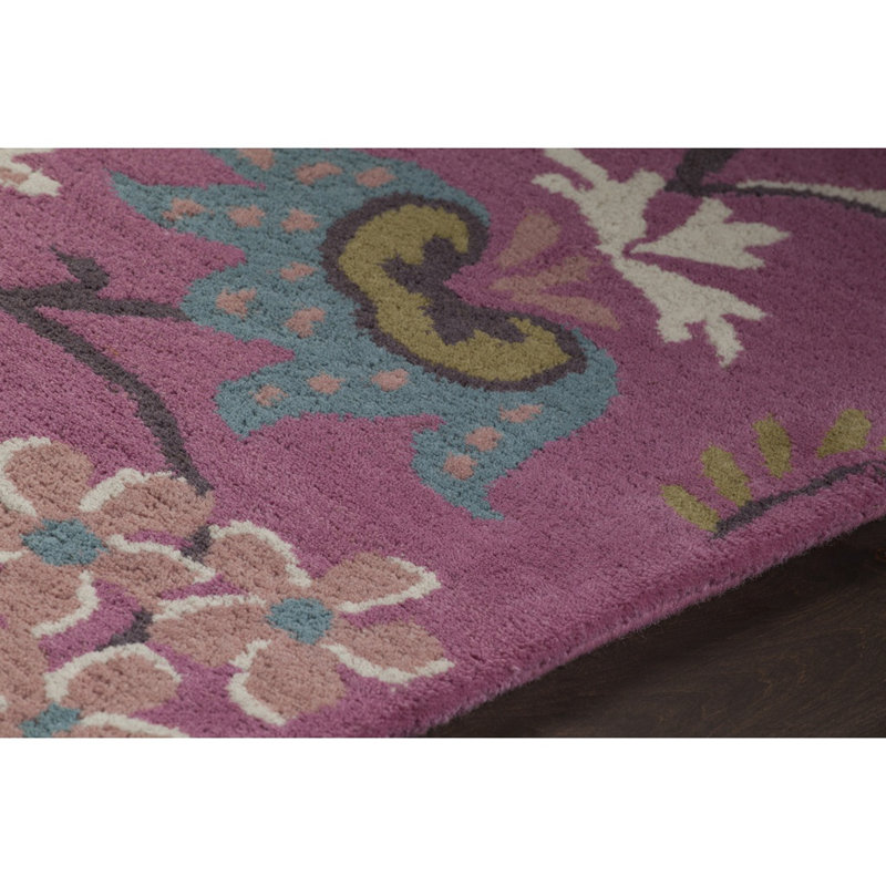 Tapis en laine à motif floral orchidée rose, vert sauge et bleu sarcelle Adairsville, Rectangle 5 pi x 7 pi 6 po
