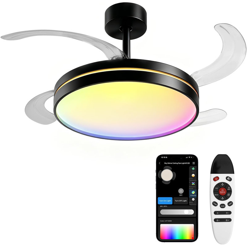 42In Retractable Ceiling Fan with Light and Remote/APP Control,Multiple Dynamic Modes RGB-LED light,6 Speed Reversible Modern Invisible Flush Mount Ceiling Fans with Lights for bedroom Black