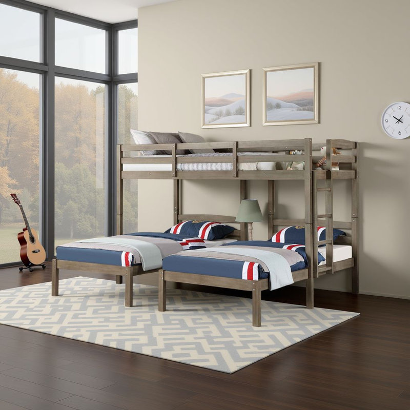 Lit superposé simple triple Tenn, table de chevet intégrée et port USB, bois gris
