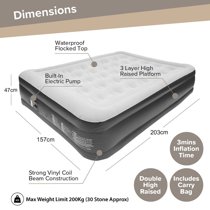 High Raised Airbed + Built in Pump, Grey, Queen