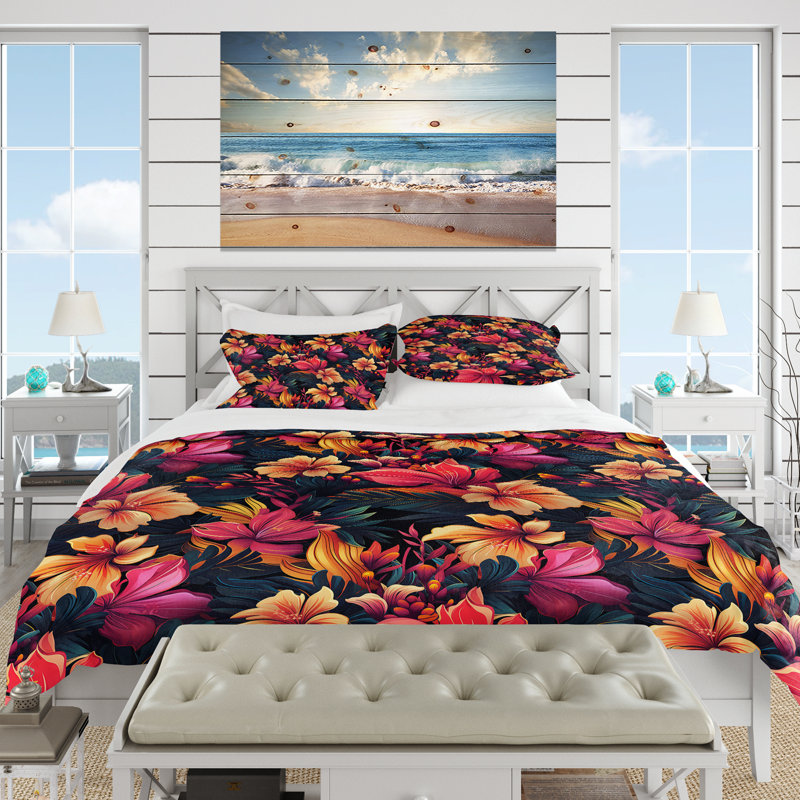 Tropic Sunset Tropical Pattern Floral Duvet Cover, Queen Duvet Cover + 2 Standard Shams