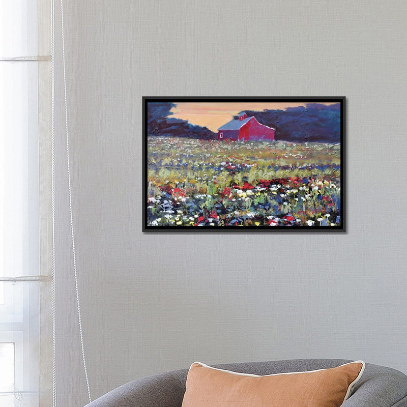 « grange rouge et fleurs », impression sur toile, H 18 po x l 26 po x P 1,5 po, Toile encadrée noire, Pas de tapis