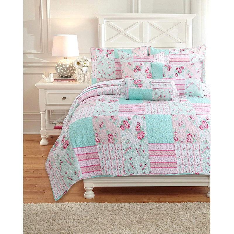 Tiffany Pink Garden Floral Quilt Set, Queen Quilt + 2 Shams + 3 Throw Pillows 