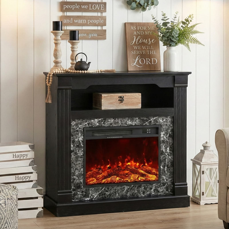 40" Fireplace Freestanding Electric Fireplace with Mantel, 3D Realistic Flame Faux Fireplace, Black