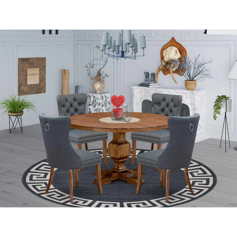 L'ensemble de table à manger 5 pièces comprend une table de salle à manger et 4 chaises de salle à manger en similicuir gris platine avec dossier capitonné - Finition noyer antique